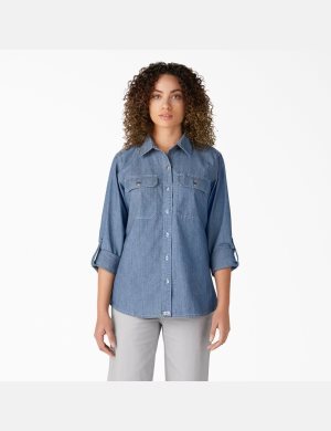 Dickies Chambray Roll-Tab Trabajo Shirt Azules Claro | WKGCTM013