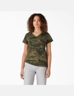Dickies Corta Sleeve V-Neck Verde Oliva Claro Camuflados | QRLGWP540
