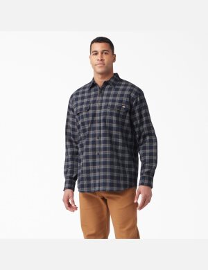 Dickies FLEX Long Sleeve Flannel Azul Marino Chocolate Marrom | FYEGPH124