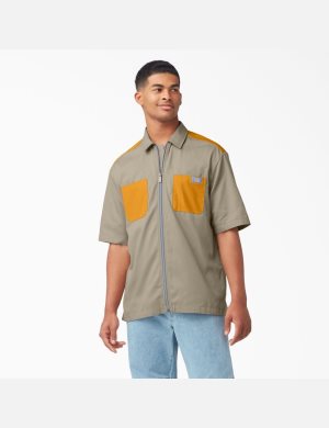 Dickies Mixed Media Zip Front Corta Sleeve Marrom Amarillos | OUZQXK703