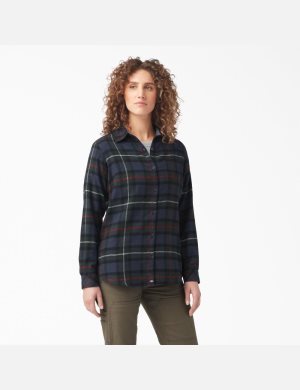 Dickies Plaid Flannel Long Sleeve Azul Marino | GRLAQJ413