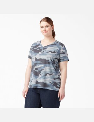 Dickies Plus Corta Sleeve V-Neck Azules Camuflados | ZXSENG980