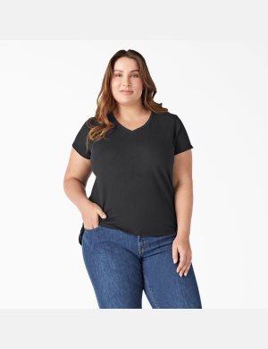 Dickies Plus Corta Sleeve V-Neck Negros | LNPAQJ968