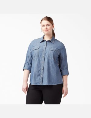 Dickies Plus Long Sleeve Chambray Roll-Tab Trabajo Azules Claro | NPMHIQ532