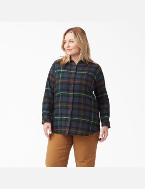 Dickies Plus Size Long Sleeve Plaid Flannel Azul Marino | IQAYFK796